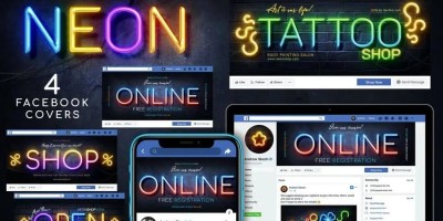 4款渐变霓虹灯管Facebook字体封面样机PSD源文件 4款渐变霓虹灯管Facebook字体封面样机PSD源文件
