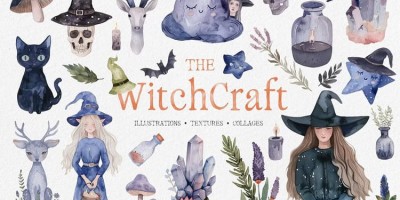 326款水彩女巫骷髅精灵蘑菇花环装饰元素拼贴背景PNG/JPG素材 326款水彩女巫骷髅精灵蘑菇花环装饰元素拼贴背景PNG/JPG素材